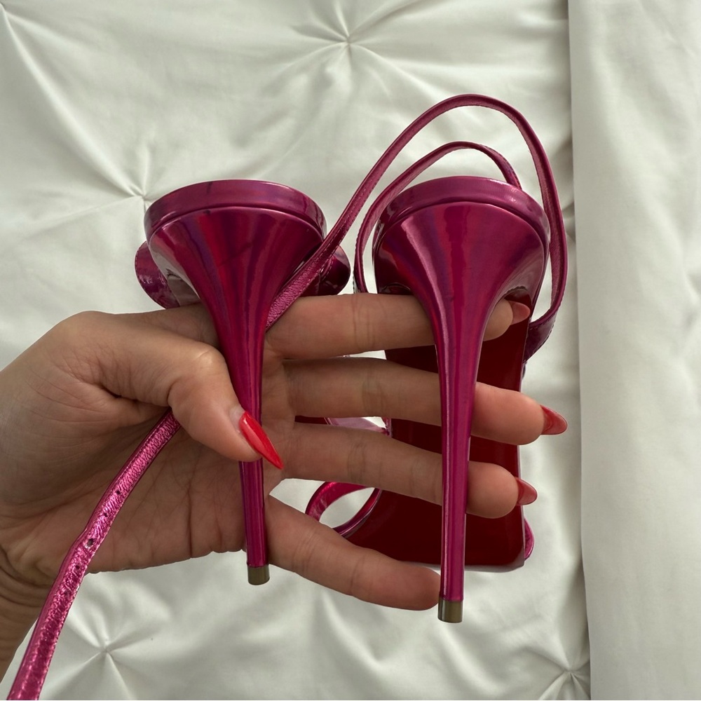 Christian Louboutin Shiny Pink Strappy Heels - Picture 4 of 6